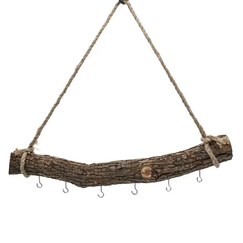 Holzast massiv zum Hängen mit 6 Haken zum Dekorieren - 56 cm - Massivholz Stange Wanddeko Hänger mit Naturkordel - Deko AST Wandhänger Dekozweig Hängeast Treibholz Türhänger Fensterdeko