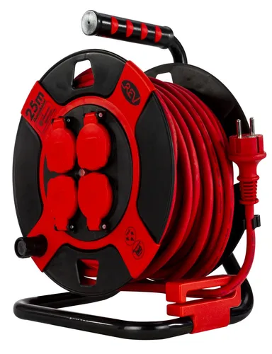 REV-Ritter Kabeltrommel rot 25m IP44 - Kabeltrommel für außen mit 4 Schutzkontaktsteckdosen, spritzwassergeschützt (IP44) und robustem Gummikabel. Ideal für Baustellen und Outdoor-Anwendungen.