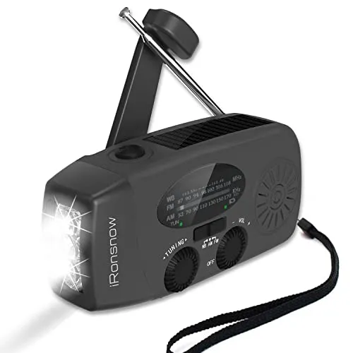 iRonsnow Notfall-Solarradio, Tragbare Kurbelradio mit LED-Taschenlampe, SOS-Alarm, AM/FM/WB Solar Wind Up Radio, Wiederaufladbare 2000mAh Powerbank USB-Ladegerät für Wandern, Camping
