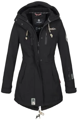 MARIKOO Damen Softshellmantel Zimtzicke Schwarz Gr. XS, wasserdicht mit Kapuze - Funktionsjacke für unbeständige Witterung, atmungsaktiv und winddicht mit 7.000mm Wassersäule, ideal für Outdoor-Aktivitäten in der Übergangszeit.