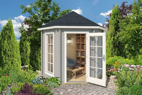 Pavillon Walmdach Inverness 44 mm grau 280x280 cm - Gartenpavillon aus robustem Holz mit 44 mm Wandstärke, abschließbar und isolierverglast. Ideal für gemütliche Stunden im Garten.