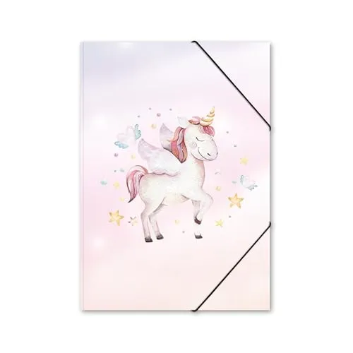 itenga Gummizugmappe DIN A4 PP – innen & außen bedruckt – Mädchen Motive (Einhorn, Pferd, Meerjungfrau, Schmetterling) – stabile Kunststoff Sammelmappe (EINHORN Wasserfarbe)