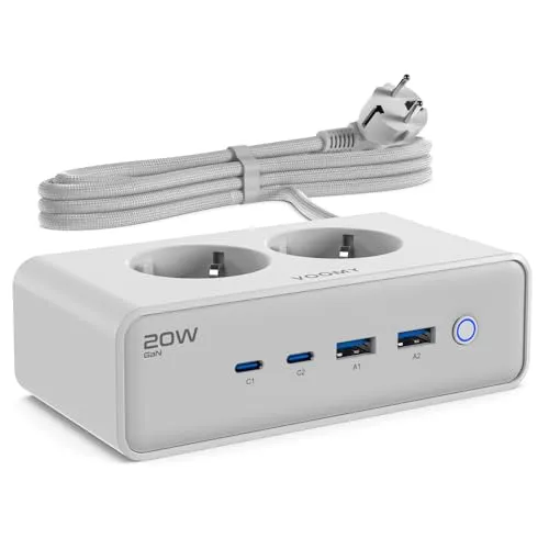VOOMY Mehrfachsteckdose mit USB (20W) - Steckdosen & Zubehör, blitzschnelles 20W Laden mit 2 USB-C und 2 USB-A Anschlüssen - ideal für Büro und Reisen, sicher mit Überspannungsschutz.