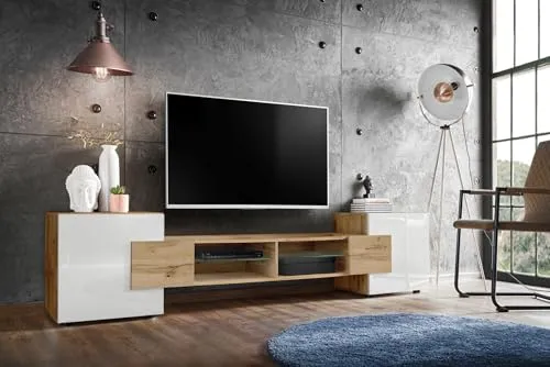 Komodee Merano TV Schrank Wotan Weiss 230 cm - TV-Halterungen: Geräumiger Merano Schrank für Fernseher und Soundsystem mit eleganten Glasböden. Hochwertige, langlebige Materialien und einfache Montage. Ideal für Wohnzimmer und Schlafzimmer.