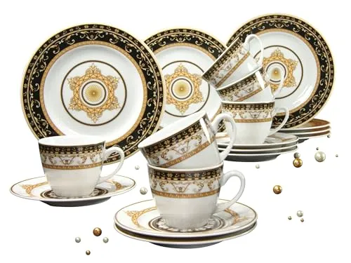 CreaTable Majestosa Kaffeeservice 18tlg (Schwarz) - Komplett-Service für 6 Personen, elegantes schwarzes Porzellan mit klassischem Ornamentdesign, mikrowellen- und spülmaschinengeeignet – ideal für festliche Anlässe und den täglichen Gebrauch.