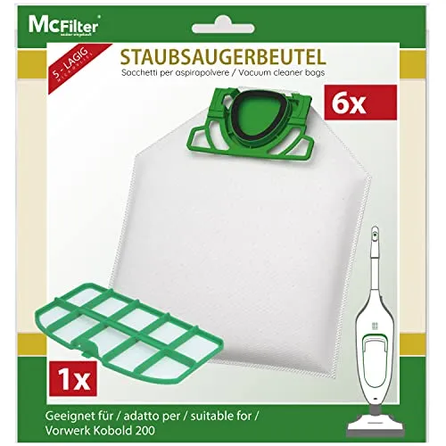 McFilter | 6 Staubsaugerbeutel + 1 Filter geeignet für Vorwerk Kobold VK 200 | Microvlies 5-lagig | VK200 | Ersatz für FP200 FP 200