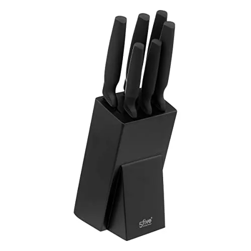 five simply smart Block 6 Messer Set schwarz - Küchenmesser Set mit 6 hochwertigen Messern und elegantem Kiefernholz-Messerständer. Ideal für präzise Zubereitung und stilvolle Aufbewahrung in jeder Küche.