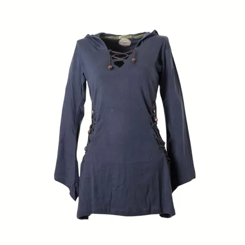 Vishes Elfenkleid mit Zipfelkapuze & Schnürbändern in Grau | Größe L (44) | Handgefertigt aus 100% Baumwolle | Ideal für Herbst & Frühjahr | Nachhaltige Alternative Bekleidung