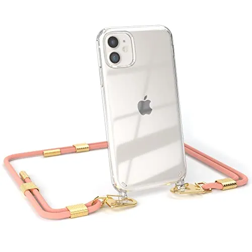 EAZY CASE - kombinierbare Handyketten kompatibel mit iPhone 11, Transparente Silikon-Hülle mit stylischen rundem Umhängeband, Abnehmbarer Karabiner, Hülle mit Band, Handykordel, Korall - Clips Gold