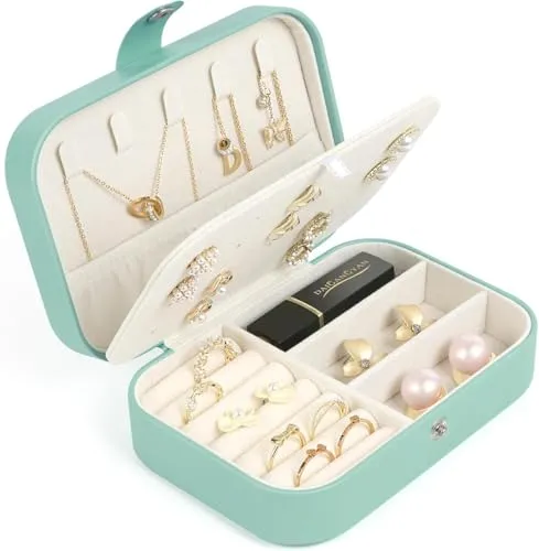 Schmuckkästchen Reise, Schmuckkasten Klein, PU-Material Schmuckaufbewahrung, Schmuckbox Damen, Reise Schmuck Etui für Ringe Ohrringe Armbänder Halsketten (Grün)
