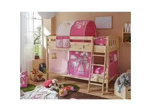 TiCAA Etagenbett Erni Country-V aus Kiefer - Hochwertiges Etagenbett mit extra hohen Kopfteilen und schräger Leiter für sicheren Aufstieg. Die natürliche Optik fügt sich harmonisch in jedes Kinderzimmer ein und bietet viel Platz für Spiel und Schlaf.