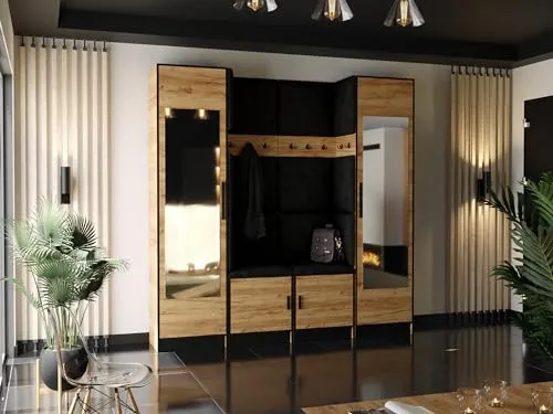 KIER FURNITURE Kleiderschrank Mit Gepolstertem Sitz Und Paneelen – Gardarobenstaender – Sitzbank Garderobe – Flurgarderobe Schmal – Farbe Eiche Craft Golden + Stoff Schwarz – 212,8xx205x39 cm