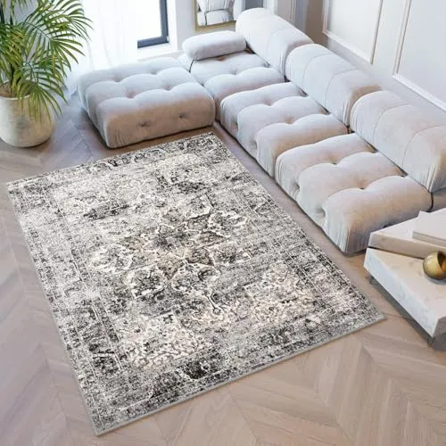 TAPISO Valley Teppich 80 x 150 cm – Vintage Grau Schwarz mit Blumenrahmen - Stylischer Kurzflor-Teppich für Wohnzimmer und Schlafzimmer. Mit seinem Used-Effekt sorgt er für Gemütlichkeit und verbessert die Akustik in Ihren Räumen.