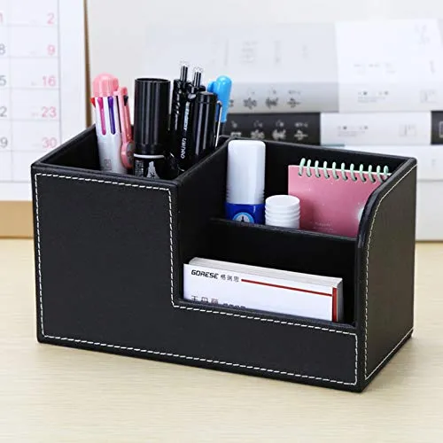 Leder Schreibtisch Desk Organizer, PU Leder Stiftebox Stifteköcher Büro Schreibtisch Organizer Stiftehalter Multifunktionaler Leder-Stifthalter Büroschreibtisch Visitenkarten-Aufbewahrungsbox(Schwarz)