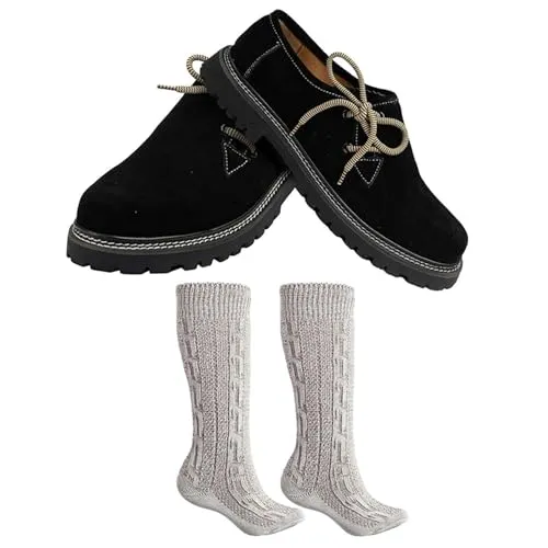 German Wear Haferlschuhe, Trachtensocken & 2X Schnürsenkel Set - Trachtenschuhe aus Wildleder Original Handmachart 100% Leder Atmungsaktiv Kalbsleder-Futter Lederschuhe mit Socken Schwarz - 42 EU