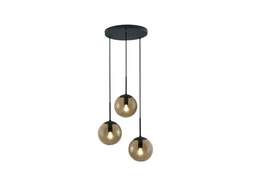 3-flammige Pendelleuchte mit Rauchglas-Kugelschirmen - Moderne Pendelleuchte aus Metall mit 3 austauschbaren E14 LEDs, ideal für stimmungsvolle Beleuchtung in Wohnräumen. Höhe 150 cm, Ø 30 cm.