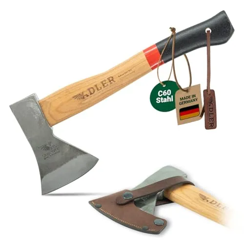 ADLER Beil 600 g, Holzaxt mit 36cm langem ergonomischem Hickory-Stiel, Rutschfester Griff, C60 Stahl Carbon Klinge inklusive Lederschutz/Camping/Forst Garten & Wald/rot, schwarz