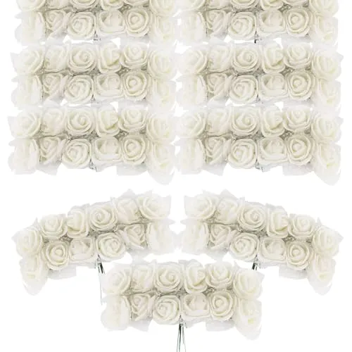 BETESSIN 144 STK. Künstliche Rosen Mini Schaumrosen mit Tüll Weiß Deko Blumen Schaum mit Stiel 2cm Kunstrosen Köpfe DIY Rosenköpfe Künstlich zum Basteln Party Hochzeit Brautstrauß Geschenk