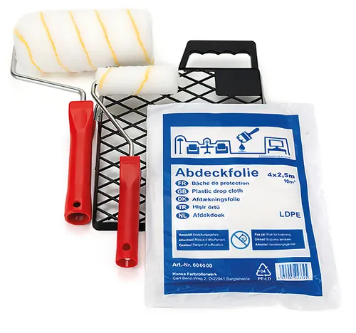 Streichset / Farbroller 18cm + 10cm, Abstreifgitter 22x27cm, Abdeckfolie 4x2,5m