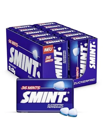 Smint 2 Layer Mint Bonbons 12 Pack, Metall-Dose enthält je 36 Minzbonbons mit Minz-Geschmack, vegan, Großpackung 12 x 36 Stück