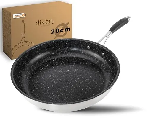 DIVORY Edelstahl Pfanne 20 cm ULTIME Induktion - Pfanne für alle Herdarten mit innovativer 3-lagiger Antihaftbeschichtung für gesundes Kochen ohne Öl. Spülmaschinengeeignet und gratis Ersatz bei Anbrennschäden!