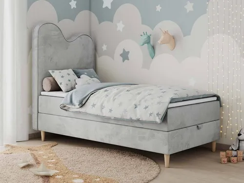 Boxspringbett FLOW - Einzelbett 90x180cm für Kinder und Jugendliche - Hellgrau mit Matratze - Komfortables Einzelbett mit 7-Zonen-Taschenfederkernmatratze und praktischem Bettkasten. Ideal für erholsamen Schlaf und optimale Unterstützung.