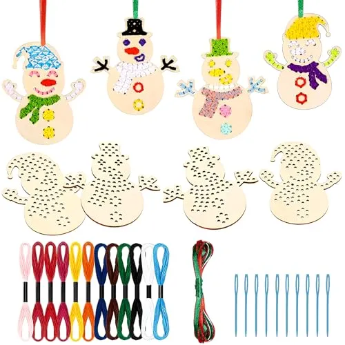 volumoon 10 Stücke Weihnachten Holz Kreuzstich Kits, Kreuzstich Holz Weihnachtsbaum Ornamente, Holz Kreuzstich für Anfänger und Kinder Hause Weihnachten Dekorationen Kreuzstich Set (Schneemann)