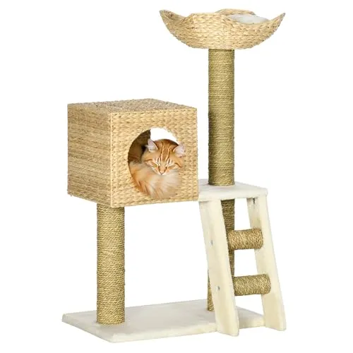 PawHut Kratzbaum 100,5 cm - Aktivitätskratzbäume: Vielseitiger Katzenbaum mit gemütlicher Höhle, Bett, Treppe und stabilen Sisal-Kratzsäulen für Spiel und Entspannung, ideal für Katzen bis 4,5 kg.