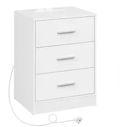 WOLTU Nachttisch mit Ladestation, Nachttisch mit 3 Schubladen für Wohnzimmer, Weiß, für Schlafzimmer, Arbeitszimmer, 39x28.5x54.5cm