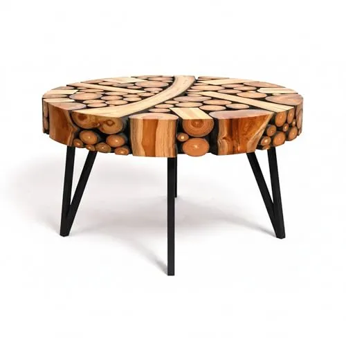 Brillibrum Design Teakholz Baumscheibentisch – Handgefertigter Beistelltisch, 45 cm hoch, 55 cm Durchmesser