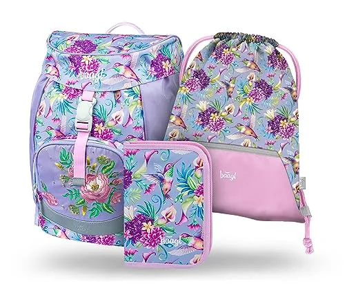 Baagl Schulranzen Mädchen Airy Set 3-Teilig - Kolibri - Schultaschen-Set für die 1. Klasse, ergonomisch mit AIRFLOW ERGO SYSTEM für Atmungsaktivität und Sicherheit durch reflektierende Elemente, ideal für kleine Abenteurer.