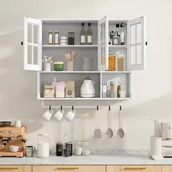 Hängeschrank Aus Mdf In Weiß Mit Gehärtetem Glas, 3 Türen, Offenes Fach Und Handtuchhalter