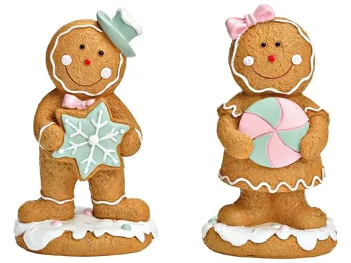2er Set Lebkuchenfiguren aus Poly in Mint Rosa sortiert B8cm H15cm T6cm detailreiche Weihnachtsdeko Winterdeko dekorative Figuren für Tisch Fensterbank oder Weihnachtsdorf festliche Dekoration