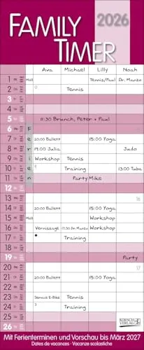 Family Timer Malve 2026: Familienplaner mit 4 breiten Spalten. Hochwertiger Familienkalender mit Ferienterminen, Vorschau bis März 2027 und nützlichen Zusatzinformationen.