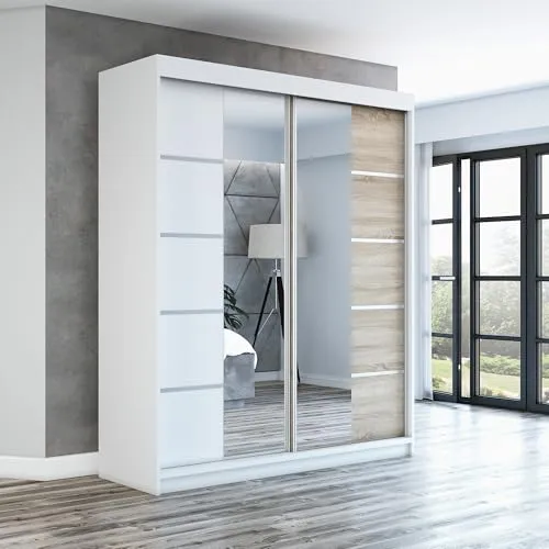 Schwebetürenschrank ERA 160 cm mit Spiegel - Moderne Schwebetüren in Weiß und Sonoma, gefertigt aus hochwertiger laminierter Platte, ideal für platzsparende Aufbewahrung und stilvolle Raumgestaltung.
