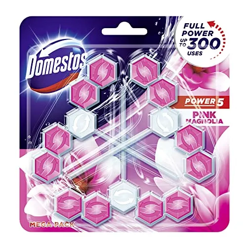 Domestos Power 5 WC-Stein Pinke Magnolie, WC-Reiniger. Volle Power für bis zu 900 Spülungen im Trio, 3x55g