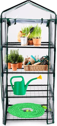Kinzo Kunststoff-Gewächshaus mit 4 Etagen 69 x 49 x 160 cm Transparent mit Grünen Akzenten
