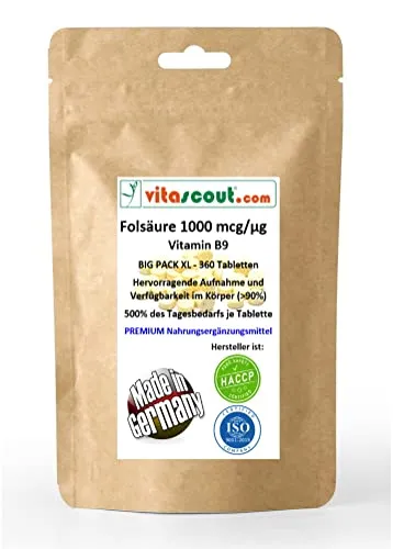 Folsäure 1000 mcg, 360 Vegane Tabletten, Folic Acid (Vitamin B9), 500% des Tagesbedarfs, Ohne Magnesiumstearat**
