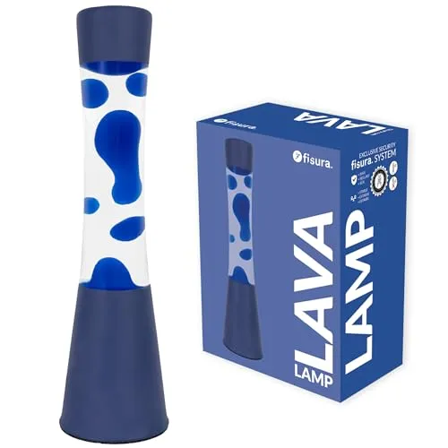 Fisura – Lava Lampe blau. Blaue Basis und Lava mit transparentem Flüssigkeit schaffen eine entspannende Atmosphäre für jedes Zimmer. Mit Ersatzbirne für eine längere Nutzung. Maße: 11 x 11 x 39,5 cm.