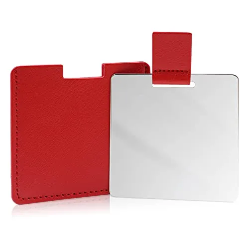 Bruchsicherer Taschenspiegel aus Edelstahl für Geldbörsen, unzerbrechlicher Spiegel Reise mit PU-Lederhülle, Handheld-Camping-Rasierspiegel für Damen und Herren, Make-up, Geschenk (Rot)