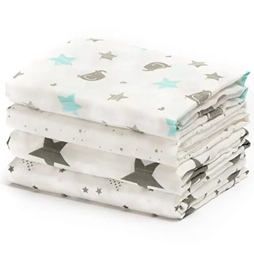 CuddleBug 4er-Pack Pucktücher 120x120 cm - 100% Baumwoll Musselin Tuch Baby, Pucktuch 120x120 cm, Atmungsaktive Decke Neugeborenen, Pucksack Baby 0-3 Monate, Spucktücher Baby, Swaddle
