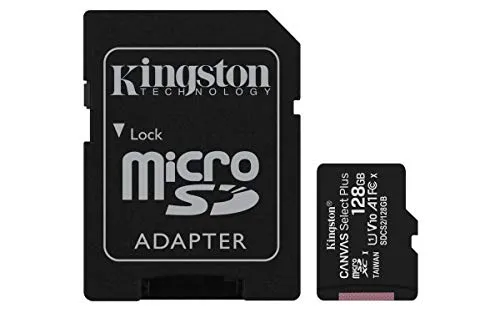 Kingston 128 GB microSDHC Canvas Select Plus 100 MB/s Read A1 Class 10 UHS-I Speicherkarte + Adapter mit frustfreier Verpackung (SDCS2/128GBET)