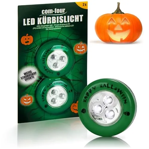 com-four® 2x LED-Licht für Halloween - Stroboskop Effekt - Blinkende Kürbis LED Lichter für ausgehölte und geschnitzte Kürbisse - Kürbis-Lampe für Halloween (Set LED - 2x grün)
