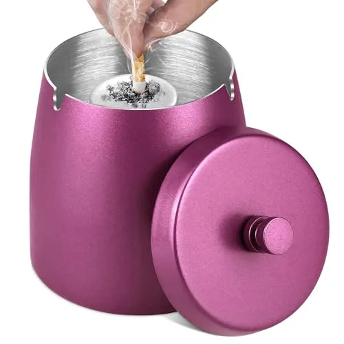 Aschenbecher mit Deckel (12 * 10 * 12cm), Edelstahl Aschenbecher für Draussen, Sturmaschenbecher als Windaschenbecher, Standaschenbecher mit Rutschfest Boden für Draußen und Innen - Rose Red
