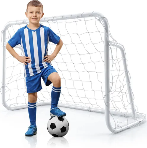 COSTWAY 120 x 80 cm Fußballtor mit Metallrahmen - Robustes Fußballtor für Kinder und Jugendliche, wetterfest mit stabilem Rahmen und PE-Netz. Ideal für Garten, Park oder drinnen – für unbeschwerten Spielspaß und Training überall.