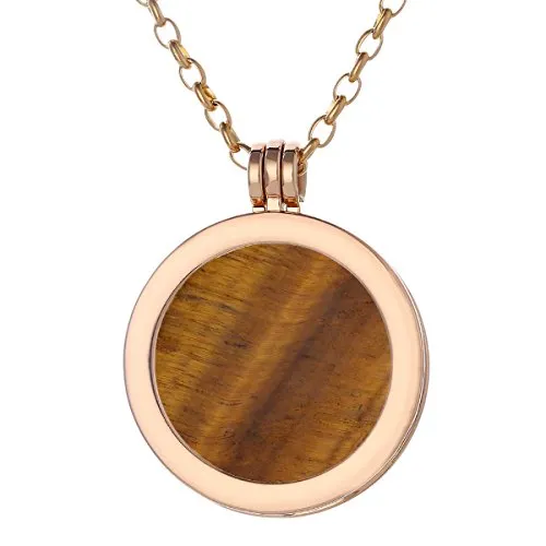 Morella Damen Halskette Gold 70 cm Edelstahl und Anhänger mit Edelstein Tigerauge Coin 33 mm Chakren Scheibe in Schmuckbeutel
