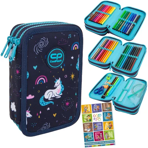 Federmappe 3-Fach Einhorn Federtasche - Gefüllte 3-Fach Federmappe im bunten Einhorn-Design, ideal für Schule und Hausaufgaben. Hergestellt aus strapazierfähigem Polyester.