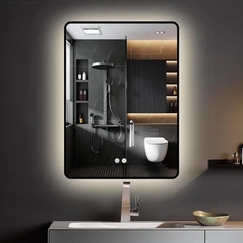 HOKO Badspiegel mit Beleuchtung 70x50cm Schwarz Rahmen mit Antibeschlag