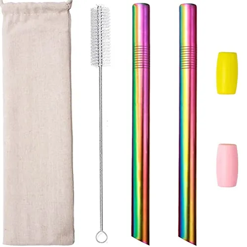 Bubble Tea Strohhalme Edelstahl Strohhalm Wiederverwendbar Boba Straw Metall Spitz Smoothie Tapioka Perle Milchshake Jumbo Blasentee Strohhalme Dicke 12mm Breit mit Silikonspitzen Bürste Bunt 2pcs