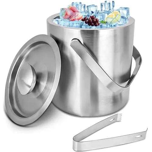 1.3L Eiswürfelbehälter: Eiswürfelbehälter mit Deckel, Eiseimer Edelstahl mit Eiszange, Doppelwandiger Isolierter Eiswürfelbehälter, Eiskübel zum Kühlen von Bier Champagner Wein, Eiskühler für Party